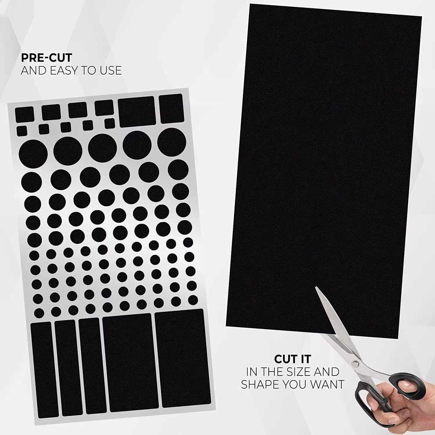 Pre-cut dots sheet on the left, blank sheet with scissors on the right — both included in every pack